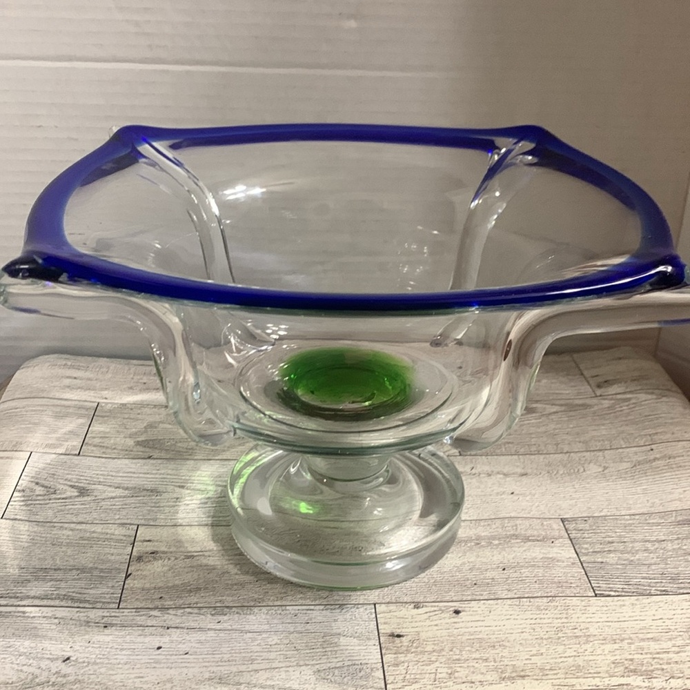 Murano Glass  Cobalt blue & green Pedestal Fruit bowl.. 7 in.. Stunning piece!!